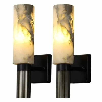 Image of TRIVIDHA Modern Alabaster Sconce Marble Wall For Living Room Black Base Bathroom Vanity Lighting Stone Lamp Corridor Stairs Restaurant
