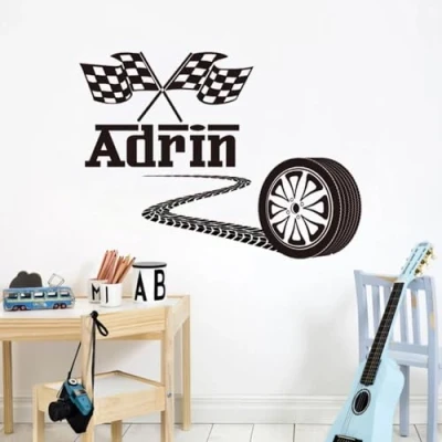 Image of Custom Wall Stickers,Personalized Boy Name Racing Car Tire Checkered Flags Decals Wheel Vinyl Room Playroom Decor Murals, Personalised Sticker (Size : 55x75cm)