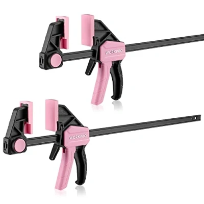 Image of WORKPRO 300mm Pink Clamps for Woodwork, Ratchet Bar Clamp Set, 440mm Spreader, Quick Release &amp; One Handed Clamp, Ideal Woodworking and DIY Projects, 2 Pack