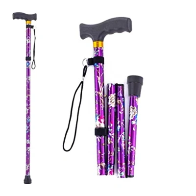 Image of WARESHARK Walking Stick, Easy Adjustable Height Folding Extendable Cane, Lightweight Flexible and Durable Aid Mobility Collapsible Stick (Purple with Flowers)