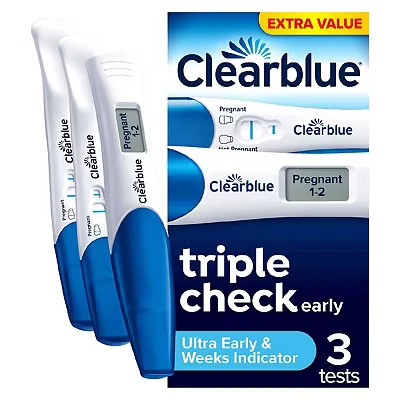 Image of Clearblue Pregnancy Test Ultra Early Triple Check &amp; Date Combo Pack, Results 6 Days (Visual Sticks) Tells You How Many Weeks (Digital Stick), Kit of 3 Tests (1 Digital, 2 Visual), Packaging May Vary