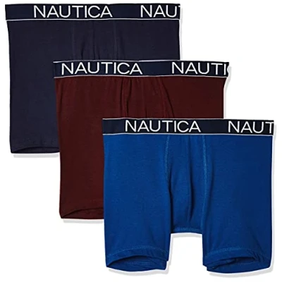 Image of Nautica Men&#039;s 3 Pack Classic Cotton Stretch Boxer Briefs, Peacoat/Monaco Blue/Tawny Port, L