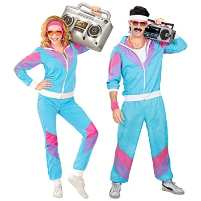 Image of WIDMANN 80s/90s Tracksuit Costume/Outfit, Blue, Pink and Purple, Jacket Trousers, Disco, Jogging Suit, Retro Style, Bad Taste Party, Carnival, Halloween. Adult 3XL