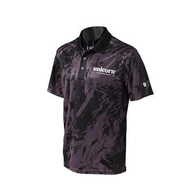Image of Unicorn Darts Shirt Pro Tech Camo Cool Breathable Soft Feel Micro Mesh 3 Tuk Polyester Blue with Black Collar &amp; White Logo Medium to fit Chest 39 41 inches