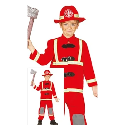 Image of FIESTAS GUIRCA Child Firefighter Fancy Dress (5 6 years) Jacket, Hat and Trousers for Boys Fireman Costumes Parties, Carnival Halloween Ideal Kids Red