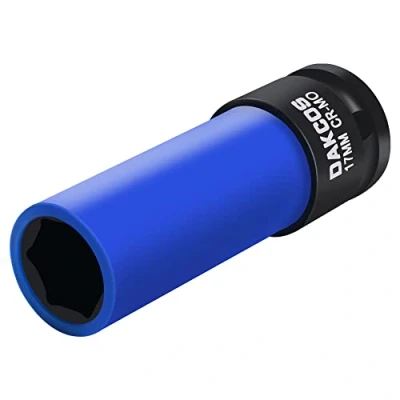 Image of DAKCOS 1/2 Inch Drive Wheel Protector Impact Socket Thin Wall Deep Set with Plastic Sleeve 6 Point Cr Mo Metric Protective Lug Nut 17mm