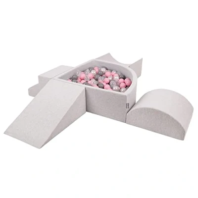 Image of KiddyMoon Foam Playground For Kids With Quarter Angular Ballpit (200 Balls) Obstacle Course, Lightgrey:Pearl/Grey/Transparent/Powderpink