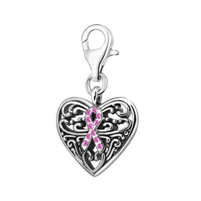 Image of Quiges 3D Pink Ribbon Symbol On Heart Clip Charm with Cubic Zirconia Pendant Silver Plated Women&#039;s Jewellery