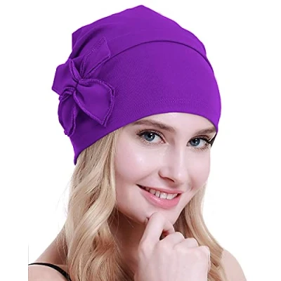 Image of osvyo Cotton Chemo Turbans Headwear Beanie Hat Cap for Women Cancer Patient Hairloss Violet