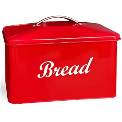 Image of Crystals Home Kitchen Large Stainless Steel Vintage Retro Style Bread Bin Food Storage (Red)