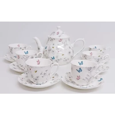 Image of Secret Garden Tea Set 13 Piece Fine Bone China Flowers Butterflies Bees Large Teapot &amp; 6 Cups and Saucers Hand Decorated in UK