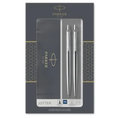 Image of Parker Jotter Duo Gift Set with Ballpoint Pen &amp; Mechanical Pencil (0.5mm) , Stainless Steel Chrome Trim Handwriting Pens Stationery Supplies Blue Ink Refill