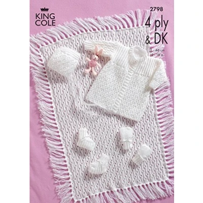 Image of King Cole 2798 Knitting Pattern Matinee Coat, Bonnet, Booties, Mitts and Pram Cover in DK