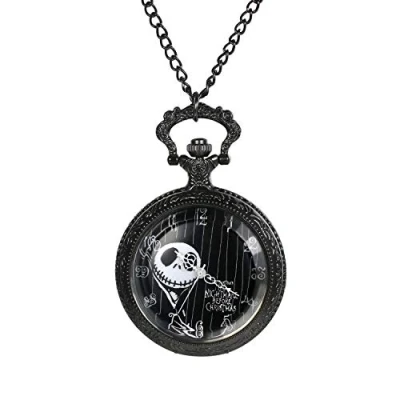 Image of JewelryWe Nightmare Before Christmas Pocket Watch Men Women Antique with Chain Black Necklace for Xmas
