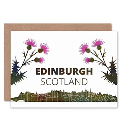 Image of Wee Blue Coo SCOTTISH STYLISED SKYLINE EDINBURGH CITY SCOTLAND BLANK GREETINGS CARD