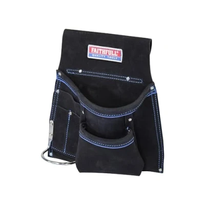 Image of Faithfull Black Suede Leather Tool &amp; Nail Pouch, Steel Hammer Holder for Belt