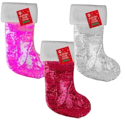 Image of AKEDE Christmas Stocking Stockings Red Large Silver, Pink, &amp; White Reversible Sequin Set of 3