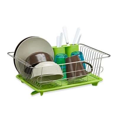 Image of Relaxdays Green Drainer, Stainless Steel with Plastic Tray, Cutlery Holder, Dish Rack, HxWxD: 15.5 x 40 30 cm, Silver, Stainless_Steel, cm