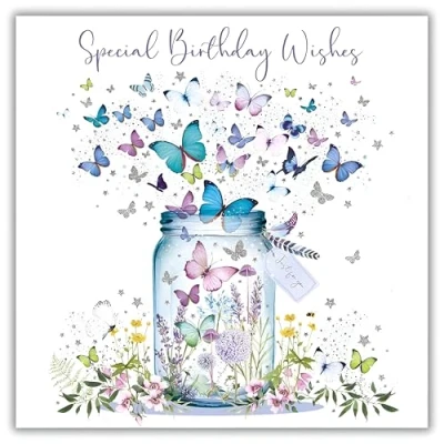 Image of Nigel Quiney Artistic Open Female &#039;Happy Birthday&#039; Greeting Card Butterfly Jar Illustration With A Silver Foil Finish From The Pizazz Range For Her, White Purple Blue Silver, 150 x 149mm