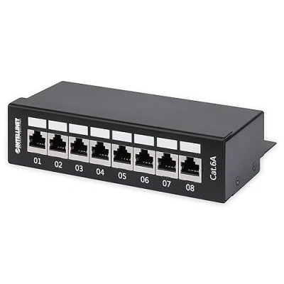 Image of Intellinet Patch Panel, Cat6a, FTP, 8 Port, Desktop, Shielded, 90 Top Entry Punch Down Blocks, Black