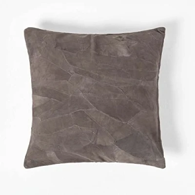 Image of HOMESCAPES Real Leather Dark Grey Cushion with Feather Insert 45 x cm Square 18 Inches Recycled Suede Sofa Patchwork Pattern