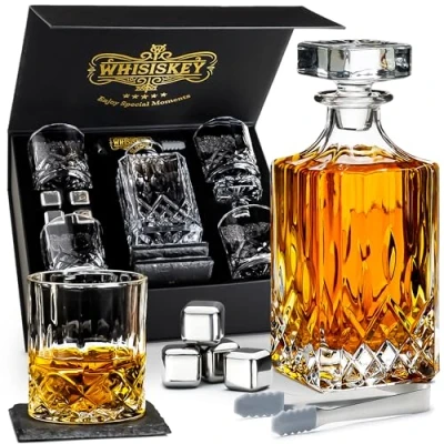 Image of WHISISKEY Whiskey Decanter Set 700ML Classic Carafe Gift Sets for Men Whisky Glass Gifts Inc. 4 Glasses, Stones, Accessories