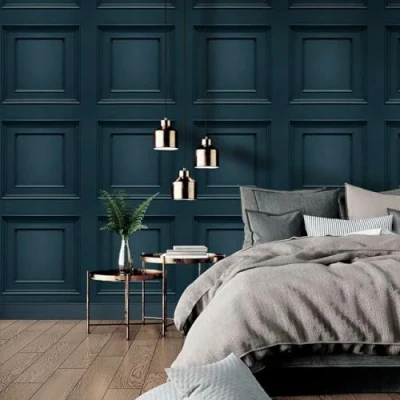 Image of SOPHIE LAURENCE Blue Wood Panel Effect Wallpaper Smooth Matte Finish 3D Non Woven for Living Room Bedroom Feature Wall Paste The Paper (Sample)