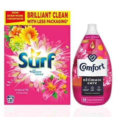 Image of Surf Tropical Lily &amp; Ylang Laundry Powder 130 washes 6.5 kg with Comfort Fuchsia Passion Fabric Conditioner 58 870 ml