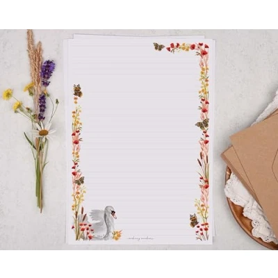 Image of Making Meadows A4 Lined Letter Writing Paper Set (20 Sheets &amp; 10 envelopes) Swan Bird Autumn Flowers Design On Penpal Stationery
