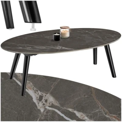 Image of TecTake® Oval Coffee Table with Robust Stone Top in Marble Look, Solid Wooden Legs, Height Adjustable &amp; Non slip Caps, Easy Assembly Ideal Sofa Garden for Indoor Outdoor Use Black