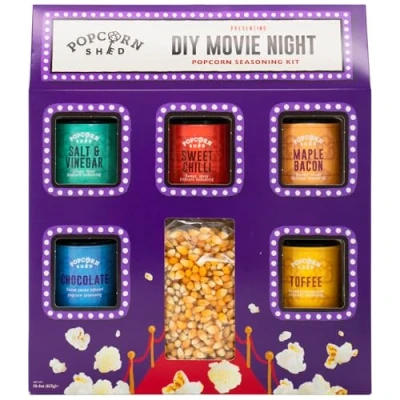 Image of DIY Movie Night Popcorn Seasoning Kit, Make Your Own Popcorn, Five Delicious Seasonings + 500g Kernels, Vegan and Gluten Free