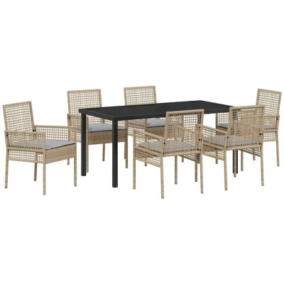 Image of vidaXL 7 Piece Garden Dining Set with Cushions Beige Poly Rattan