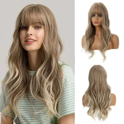Image of OUFEI 24 Inches Ash Blonde Wigs With Bangs for Women Natural Synthetic Wavy Heat Resistant Hair Long Daily Party Wear