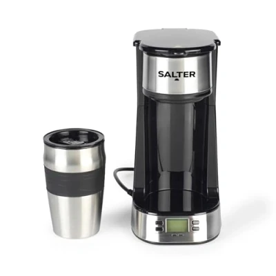 Image of Salter Digital Coffee Maker One Cup Filter Machine, Washable &amp; Reusable Filter, Includes 420ml Stainless Steel Travel Mug, 3 4 Minutes Brewing, Suitable For Ground / Pads, Timer, 750W