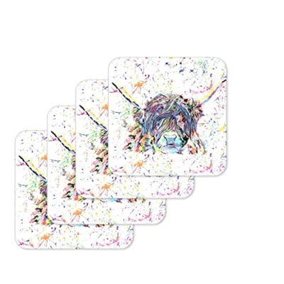 Image of Coaster Highland Cow Scottish Farm Animals Coasters Watercolour Art Gift Work Office Dining Tea coffee (4)