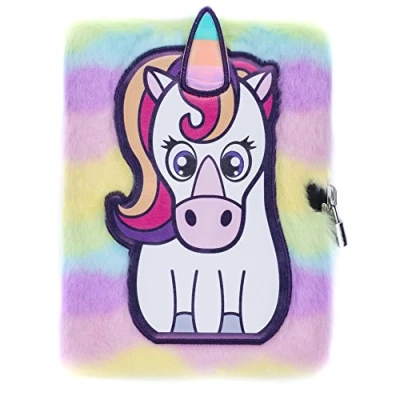Image of Fringoo® Girls Boys Plush A5 Notebook Diary 3D with Padlock and Bookmark Cute Unicorn Animal Designs 80 Pages (White Unicorn)