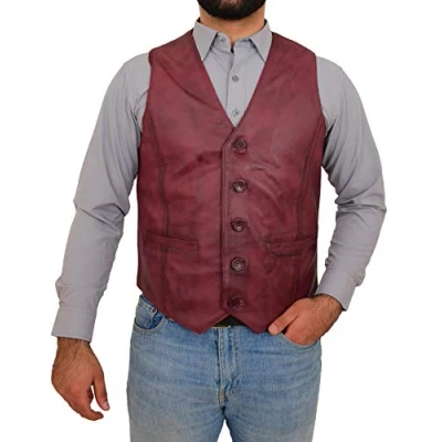 Image of Mens Real Leather Waistcoat Classic Style Vest Nick (XL, Burgundy)