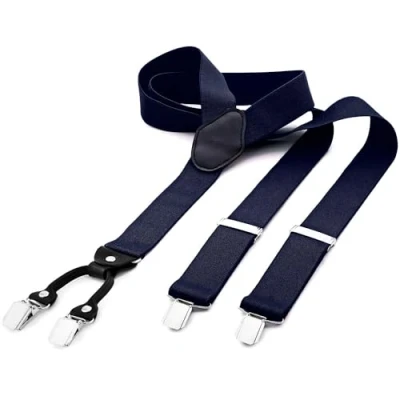 Image of DonDon Mens Braces Suspenders 3,5 cm 1,38&quot; Wide 4 Clips with Leather in Y Form Elasticated and Adjustable Length Blue