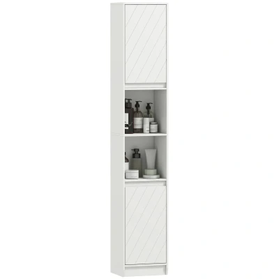 Image of HOMCOM Narrow Bathroom Cabinet, Slim Storage Unit with Open Compartment, Freestanding Cupboard Adjustable Shelves for Small Spaces, 30 x 24 170 cm, White