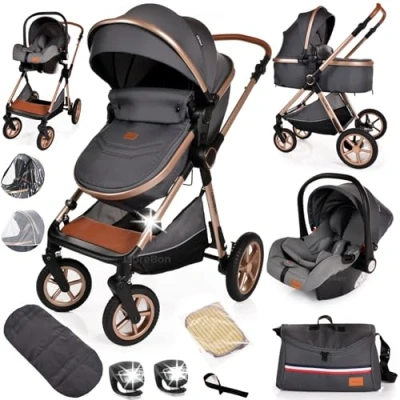 Image of Baby Buggy Pram Pushchair Stroller 3 in 1 Child Lightweight Folding Travel System for Newborns &amp; Toddlers from Birth (Grey Gold)
