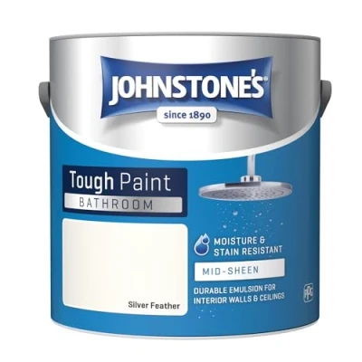 Image of Johnstone&#039;s Bathroom Paint Silver Feather Mid Sheen Finish Stain Blocker Use in Moist &amp; Damp Areas Low Odour Dry 1 2 Hours 12m2 Coverage per Litre 2.5L