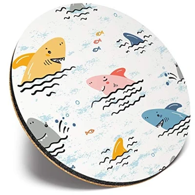 Image of Round Single Coaster Funny Shark Pattern Ocean Kid&#039;s Glossy Quality Coasters Tabletop Protection for Any Table Type #45111