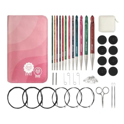 Image of KnitPro Dreamz Crochet Hook Set Interchangeable Afghan Tunisian 12 Single Ended Birchwood Hooks, Colour Coded Comfortable Handles, Cables, Keys, for Beginners, Professionals &amp; Gift