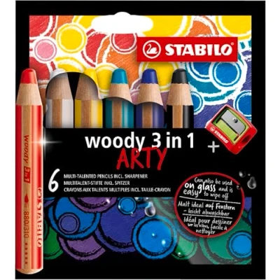 Image of Multi Talented Pencil STABILO woody 3 in 1 ARTY Pack of 6 Assorted Colours with Sharpener