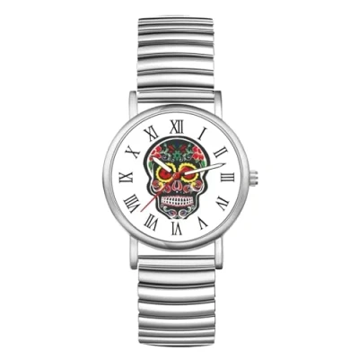 Image of JewelryWe Halloween Elastic Band Watch: Men Women Silver Ultra Thin Expansion Roman Numeral Analog Quartz Student Skull Watch