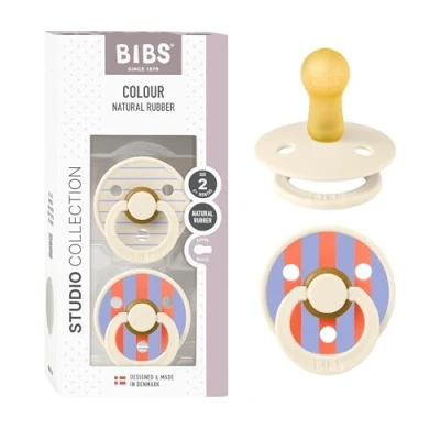 Image of BIBS Colour Studio Soother 2 Pack, BPA Free Dummy Pacifier, Round Nipple. Natural Rubber Latex, Made in Denmark, Size (6 18 Months), Pin Ivory