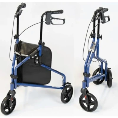 Image of NRS Healthcare 3 Wheel Steel Rollator Wheeled Walking Aid with Bag &amp; Lockable Brakes, Folding Height Adjustable Blue