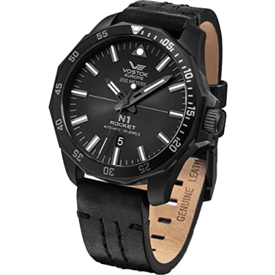 Image of Vostok Europe Men&#039;s Watch with Stitched Vintage Leather Band N1 Rocket Automatic 20 ATM SII NH35A Date, 225c617 black / silver grey
