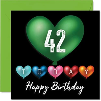 Image of Fun 42nd Birthday Cards for Men Woman Heart Balloons Happy Card Dad Mum Brother Sister Grandad Nanny Grandma Uncle Auntie, 145mm x Greeting