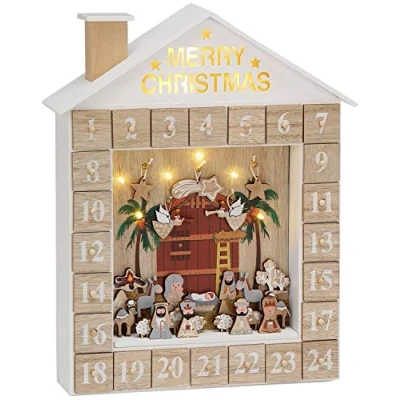 Image of BRUBAKER Reusable Wooden Advent Calendar to Fill Bible Story Crib with LED Lighting DIY Christmas 12.40 x 15.04 2.48 inches